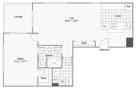 A floor plan of a house with a lounge, kitchen, and two bedrooms.